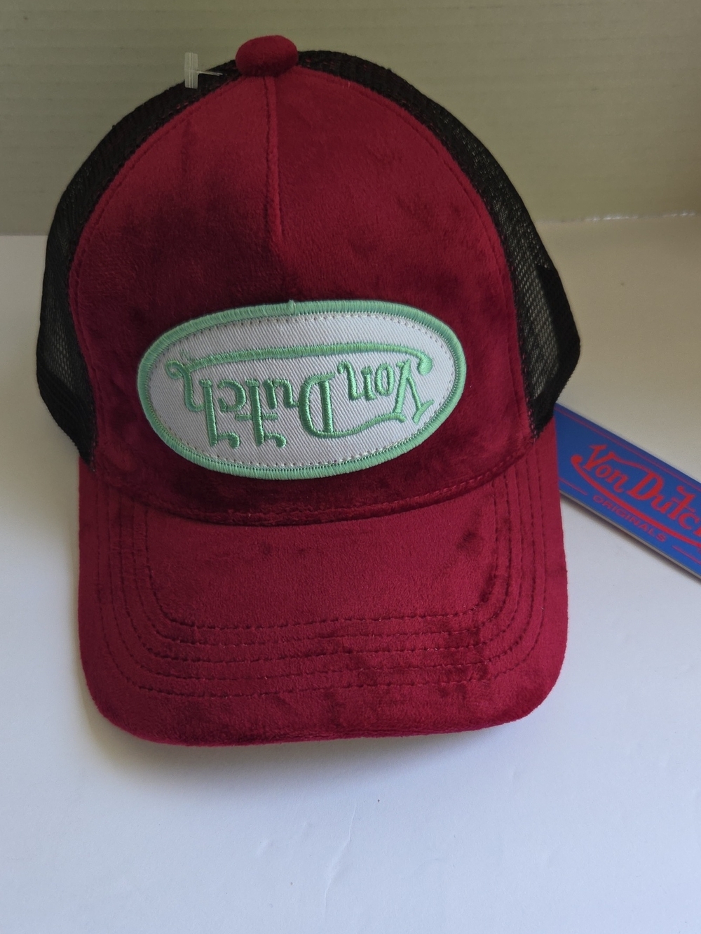 Von Dutch Burgundy Suede & Black Mesh Hat with Mint Trim Logo